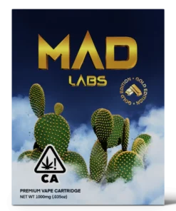 A Mad Labs 1g Cactus Cooler hybrid vape cartridge shown next to its orange and green branded packaging.