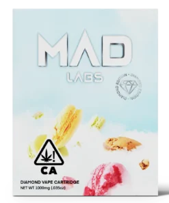 A Mad Labs 1g French Cookies hybrid vape cartridge shown next to its branded packaging.