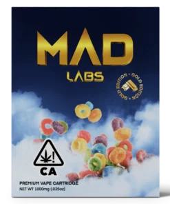 A Mad Labs 1g Fruity Cereal hybrid vape cartridge shown next to its colorful branded packaging.