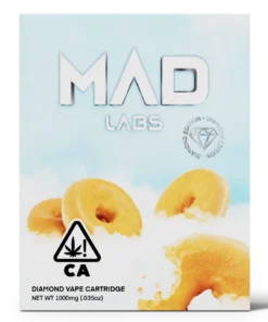 A Mad Labs 1g Glazed Donut hybrid vape cartridge shown next to its branded packaging.