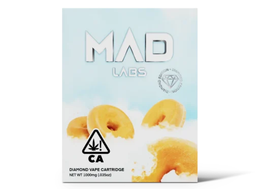 A Mad Labs 1g Glazed Donut hybrid vape cartridge shown next to its branded packaging.