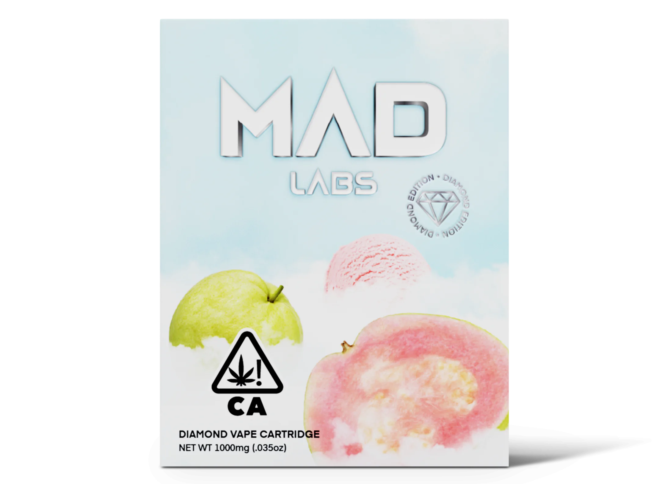 A Mad Labs 1g Guava Gelato hybrid vape cartridge shown next to its pink and green branded packaging.
