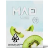 A Mad Labs 1g Kiwi Fruit hybrid vape cartridge shown next to its green branded packaging.