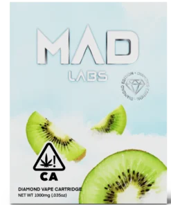 A Mad Labs 1g Kiwi Fruit hybrid vape cartridge shown next to its green branded packaging.