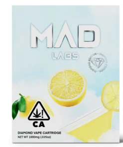 A Mad Labs 1g Lemon Drop Sativa vape cartridge shown next to its bright yellow branded packaging.