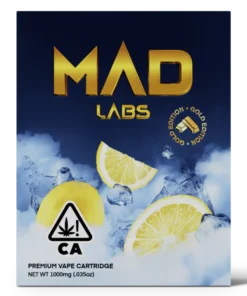 A Mad Labs 1g Lemon Ice Sativa vape cartridge shown next to its bright yellow and blue branded packaging.
