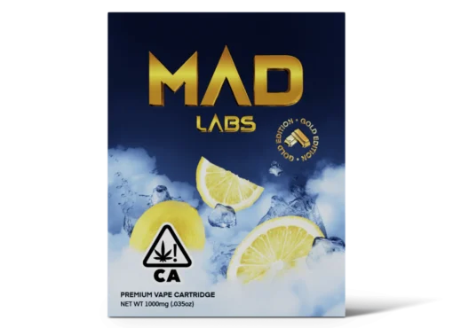 A Mad Labs 1g Lemon Ice Sativa vape cartridge shown next to its bright yellow and blue branded packaging.