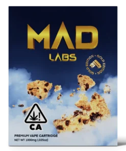 A Mad Labs 1g Mad Cookies hybrid vape cartridge shown next to its branded packaging.