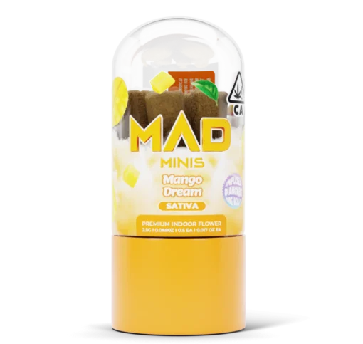 A Mad Labs 1g Mango Dream hybrid vape cartridge shown next to its yellow and blue branded packaging.