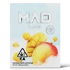 A Mad Labs 1g Mango Sunrise Sativa vape cartridge shown next to its bright yellow and orange branded packaging.
