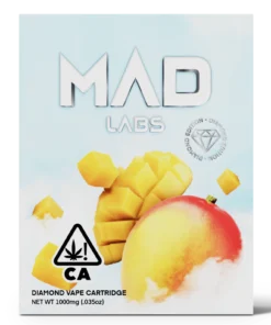 A Mad Labs 1g Mango Sunrise Sativa vape cartridge shown next to its bright yellow and orange branded packaging.