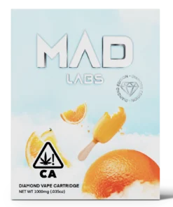 A Mad Labs 1g Orange Creamsicle hybrid vape cartridge shown next to its orange and white branded packaging.
