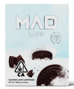 A Mad Labs 1g Oreoz hybrid vape cartridge shown next to its black and white branded packaging.