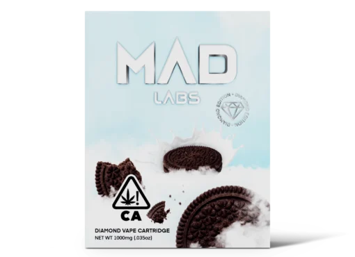 A Mad Labs 1g Oreoz hybrid vape cartridge shown next to its black and white branded packaging.