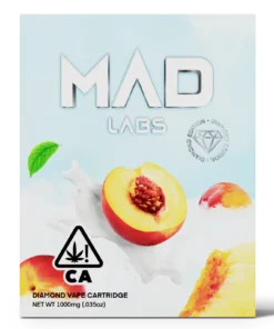 A Mad Labs 1g Peaches & Cream hybrid vape cartridge shown next to its peach and white branded packaging.