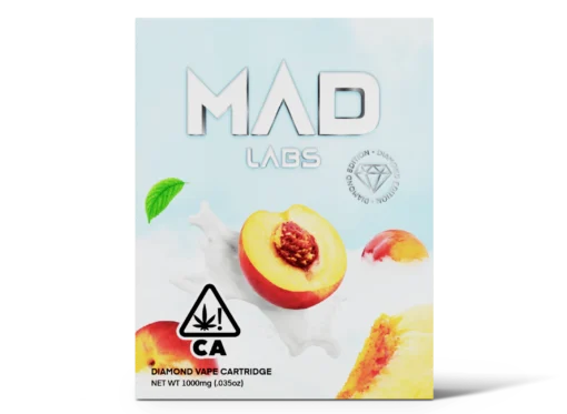 A Mad Labs 1g Peaches & Cream hybrid vape cartridge shown next to its peach and white branded packaging.
