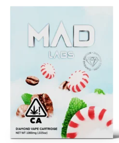 A Mad Labs 1g Peppermint Mocha hybrid vape cartridge shown next to its brown and green branded packaging.