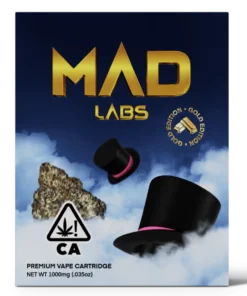 A Mad Labs 1g Pink Runtz hybrid vape cartridge shown next to its bright pink branded packaging.