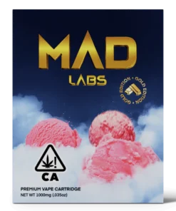 A Mad Labs 1g Pink Sherbet hybrid vape cartridge shown next to its bright pink branded packaging.