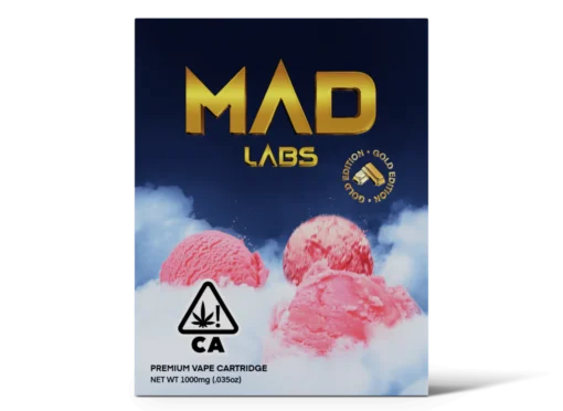 A Mad Labs 1g Pink Sherbet hybrid vape cartridge shown next to its bright pink branded packaging.