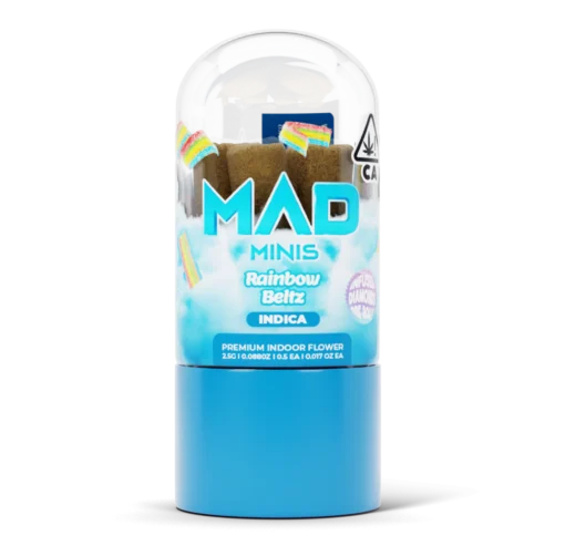A Mad Labs 1g Rainbow Beltz hybrid vape cartridge shown next to its colorful rainbow-themed branded packaging.