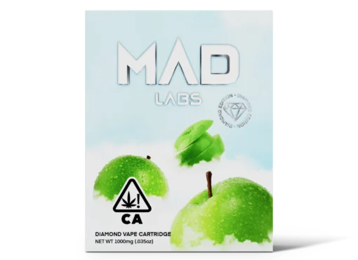 A Mad Labs 1g Sour Apple hybrid vape cartridge shown next to its bright green branded packaging.