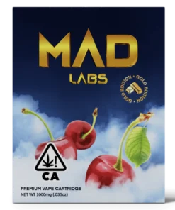 A Mad Labs 1g Sour Cherry hybrid vape cartridge shown next to its red and black branded packaging.