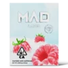 A Mad Labs 1g Sour Razz hybrid vape cartridge shown next to its bright pink and blue branded packaging.