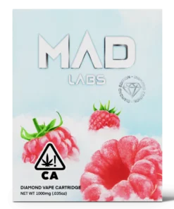 A Mad Labs 1g Sour Razz hybrid vape cartridge shown next to its bright pink and blue branded packaging.
