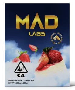 A Mad Labs 1g Strawberry Cheesecake hybrid vape cartridge shown next to its pink and white branded packaging.