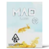 A Mad Labs 1g "Mad Sauce" Liquid Diamonds vape cartridge, showing the clear oil with visible micro-diamonds inside, next to its premium branded packaging.
